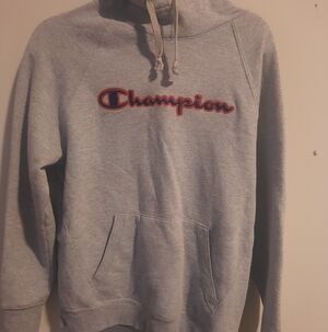 Champion Light Gray Hoodie with Red Logo
